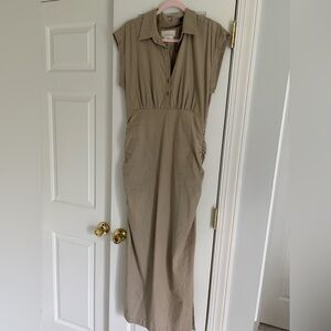 Anthropologie Tan Ruched Maxi Dress with Mandarin Collar size Medium